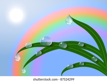 EPS10 vector dew Sunrise and fresh dewy grass. Sunny day concept. The sun, rainbow and green grass with dew drops