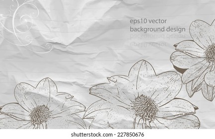 eps10 vector drawing outline flower elements on crumpled white paper background
