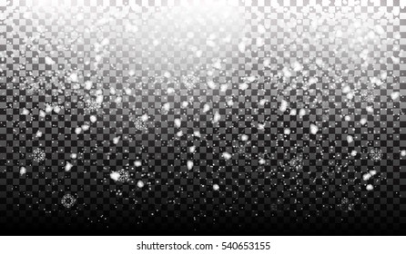 EPS10. Vector falling snow effect isolated on transparent background with blurred bokeh