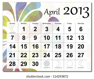 EPS10 vector file. April 2013 calendar. Beautiful and colorful design over white. Raster version is in my portfolio.