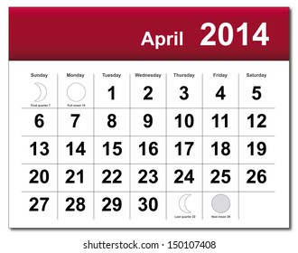 EPS10 vector file. April 2014 calendar. The EPS file includes the version in blue, green and black in different layers. Raster version available in my portfolio.