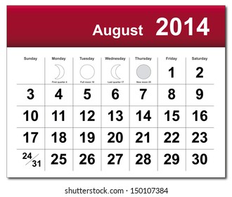 EPS10 vector file. August 2014 calendar. The EPS file includes the version in blue; green and black in different layers. Raster version available in my portfolio.