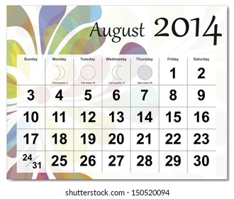 EPS10 vector file. August 2014 calendar. The EPS file includes the version in blue, green and black in different layers. Raster version available in my portfolio.