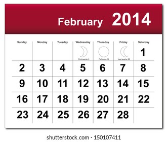 EPS10 vector file. February 2014 calendar. The EPS file includes the version in blue, green and black in different layers. Raster version available in my portfolio.