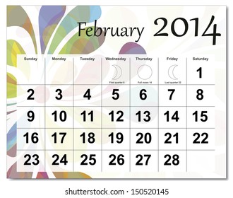EPS10 vector file. February 2014 calendar. The EPS file includes the version in blue, green and black in different layers. Raster version available in my portfolio.