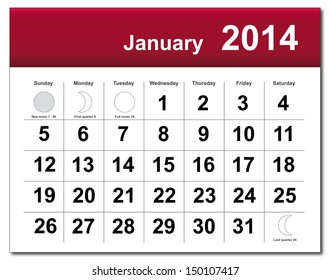 EPS10 vector file. January 2014 calendar. The EPS file includes the version in blue, green and black in different layers. Raster version available in my portfolio.