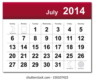 EPS10 vector file. July 2014 calendar. The EPS file includes the version in blue, green and black in different layers. Raster version available in my portfolio.