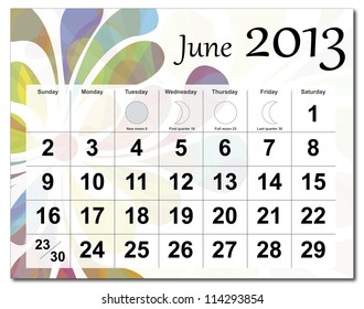 EPS10 vector file. June 2013 calendar. Beautiful and colorful design over white. Raster version is in my portfolio.