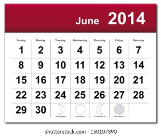 EPS10 vector file. June 2014 calendar. The EPS file includes the version in blue, green and black in different layers. Raster version available in my portfolio.