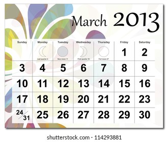EPS10 vector file. March 2013 calendar. Beautiful and colorful design over white. Raster version is in my portfolio.