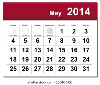 EPS10 vector file. May 2014 calendar. The EPS file includes the version in blue, green and black in different layers. Raster version available in my portfolio.