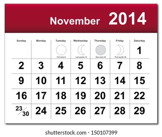 EPS10 vector file. November 2014 calendar. The EPS file includes the version in blue, green and black in different layers. Raster version available in my portfolio.