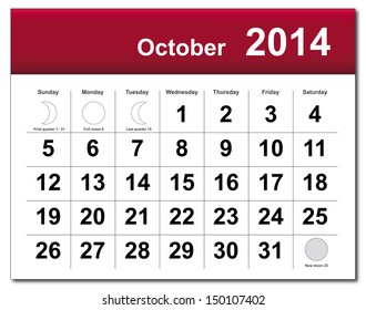 EPS10 vector file. October 2014 calendar. The EPS file includes the version in blue, green and black in different layers. Raster version available in my portfolio.