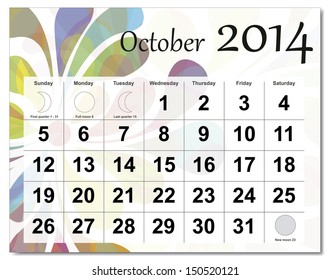 EPS10 vector file. October 2014 calendar. The EPS file includes the version in blue, green and black in different layers. Raster version available in my portfolio.