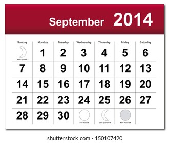 EPS10 vector file. September 2014 calendar. The EPS file includes the version in blue, green and black in different layers. Raster version available in my portfolio.