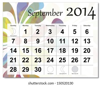 EPS10 vector file. September 2014 calendar. The EPS file includes the version in blue, green and black in different layers. Raster version available in my portfolio.