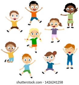 EPS10 vector file showing happy young kids with different skin colors, boys and girls laughing, hopping, 
playing and having fun together