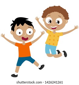 EPS10 vector file showing happy young kids with different skin colors, boys laughing, hopping, 
playing and having fun together