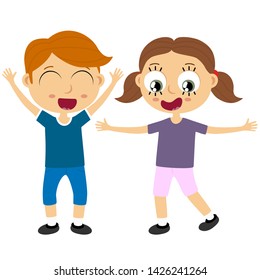 EPS10 vector file showing happy young kids with different skin colors, boys and girls laughing, hopping, 
playing and having fun together