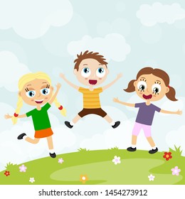 EPS10 vector file showing happy young kids with different skin colors, boys and girls laughing, hopping, playing and having fun together in front of summer time background with green gras and blue sky