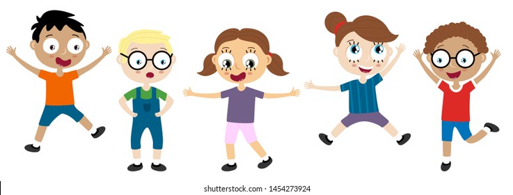 EPS10 vector file showing happy young kids with different skin colors, boys and girls laughing, hopping, 
playing and having fun together