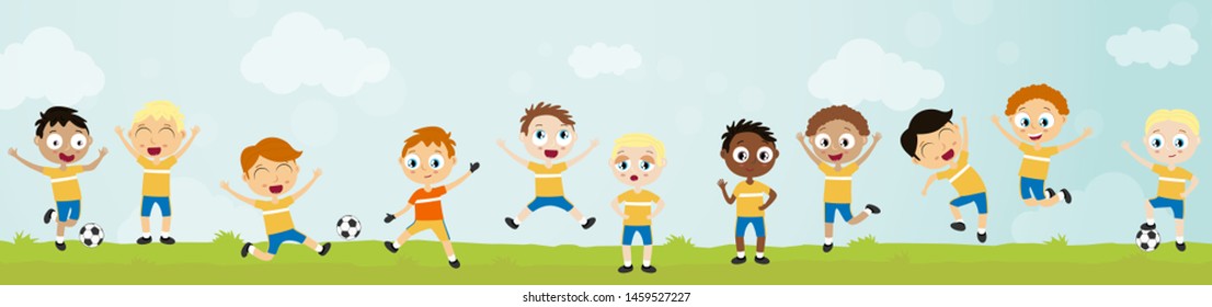 EPS10 vector file showing happy young kids football team with different skin colors, boys laughing, hopping, playing ball together in front of summer time background with green gras and blue sky