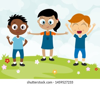 EPS10 vector file showing happy young kids with different skin colors, boys and girls laughing, hopping, playing and having fun together in front of summer time background with green gras and blue sky