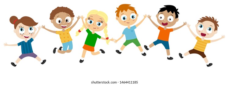 EPS10 vector file showing happy young kids with different skin colors, boys and girls laughing, hopping, 
playing and having fun together