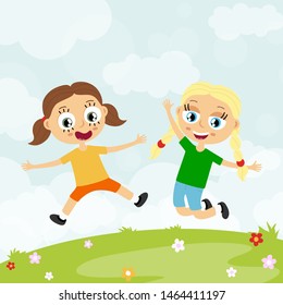 EPS10 vector file showing happy young kids, girls laughing, hopping, playing and having fun together in front of summer time background with green gras and blue sky