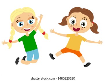 EPS10 vector file showing happy young kids with different skin colors, girls laughing, hopping, 
playing and having fun together