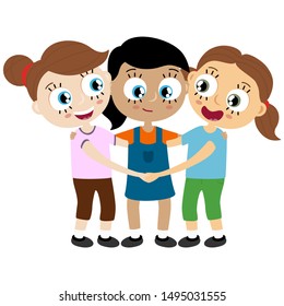 EPS10 vector file showing happy young girls with different skin colors, laughing, hug each other and having fun together