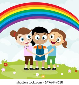 EPS10 vector file showing happy young girls with different skin colors, laughing, hug each other and having fun together with summer background