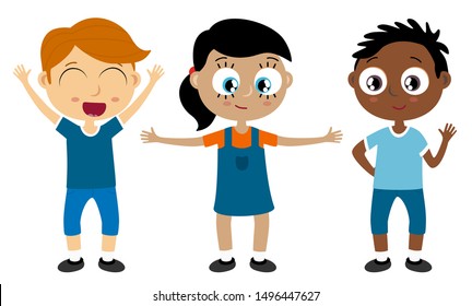 EPS10 vector file showing happy young kids with different skin colors, boys and girls laughing, hopping, 
playing and having fun together
