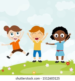 EPS10 vector file showing happy young kids with different skin colors, boys and girls laughing, hopping, playing and having fun together in front of summer time background with green gras and blue sky