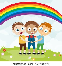 EPS10 vector file showing happy young boys with different skin colors, laughing, hug each other and having fun together with summer background and rainbow