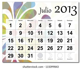 EPS10 vector file. Spanish version of July 2013 calendar. Beautiful and colorful design over white. Raster version is in my portfolio.