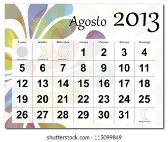 EPS10 vector file. Spanish version of August 2013 calendar. Beautiful and colorful design over white. Raster version is in my portfolio.