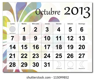 EPS10 vector file. Spanish version of October 2013 calendar. Beautiful and colorful design over white. Raster version is in my portfolio.