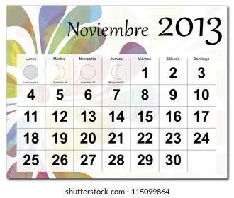 EPS10 vector file. Spanish version of November 2013 calendar. Beautiful and colorful design over white. Raster version is in my portfolio.
