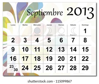 EPS10 vector file. Spanish version of September 2013 calendar. Beautiful and colorful design over white. Raster version is in my portfolio.