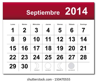 EPS10 vector file. Spanish version of September 2014 calendar. The EPS file includes the version in blue, green and black in different layers. Raster version available in my portfolio.