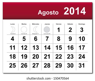 EPS10 vector file. Spanish version of August 2014 calendar. The EPS file includes the version in blue, green and black in different layers. Raster version available in my portfolio.