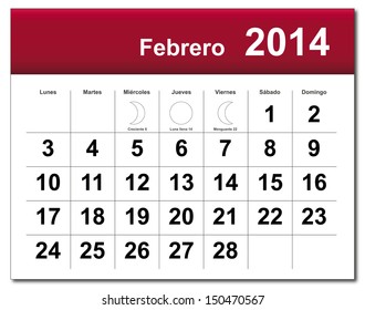 EPS10 vector file. Spanish version of February 2014 calendar. The EPS file includes the version in blue, green and black in different layers. Raster version available in my portfolio.