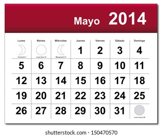 EPS10 vector file. Spanish version of May 2014 calendar. The EPS file includes the version in blue, green and black in different layers. Raster version available in my portfolio.
