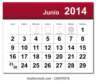 EPS10 vector file. Spanish version of June 2014 calendar. The EPS file includes the version in blue, green and black in different layers. Raster version available in my portfolio.