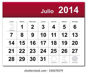 EPS10 vector file. Spanish version of July 2014 calendar. The EPS file includes the version in blue, green and black in different layers. Raster version available in my portfolio.