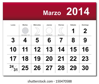 EPS10 vector file. Spanish version of March 2014 calendar. The EPS file includes the version in blue, green and black in different layers. Raster version available in my portfolio.