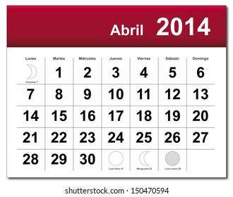 EPS10 vector file. Spanish version of April 2014 calendar. The EPS file includes the version in blue, green and black in different layers. Raster version available in my portfolio.