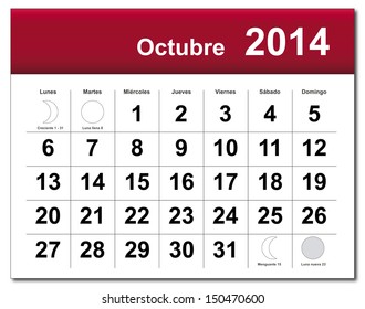 EPS10 vector file. Spanish version of October 2014 calendar. The EPS file includes the version in blue, green and black in different layers. Raster version available in my portfolio.