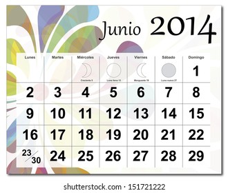 EPS10 vector file. Spanish version of June 2014 calendar. The EPS file includes the version in blue, green and black in different layers. Raster version available in my portfolio.
